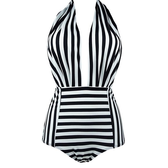 🎊HP🎊 NWOT COCOSHIP STRIPE PIN-UP GIRL HALTER ONE PIECE SWIMSUIT - Picture 1 of 8